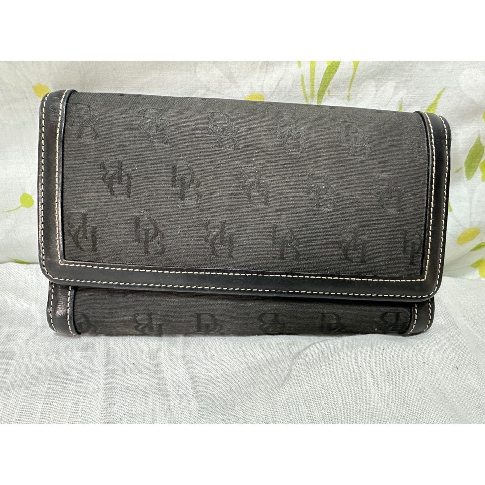Dooney & Bourke Black Monogram Canvas Leather Trim Checkbook Wallet Snap Closure